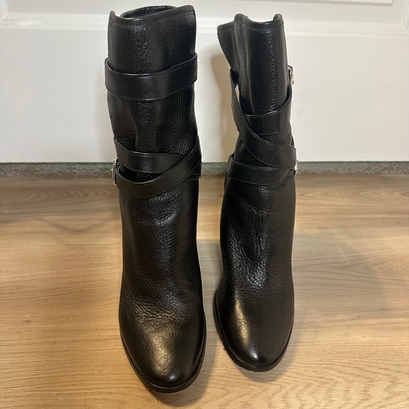 Coach Buckle Mid Calf Boots Black pebbled Leather Size 8B Alexandra Chunky Heel - Picture 4 of 12